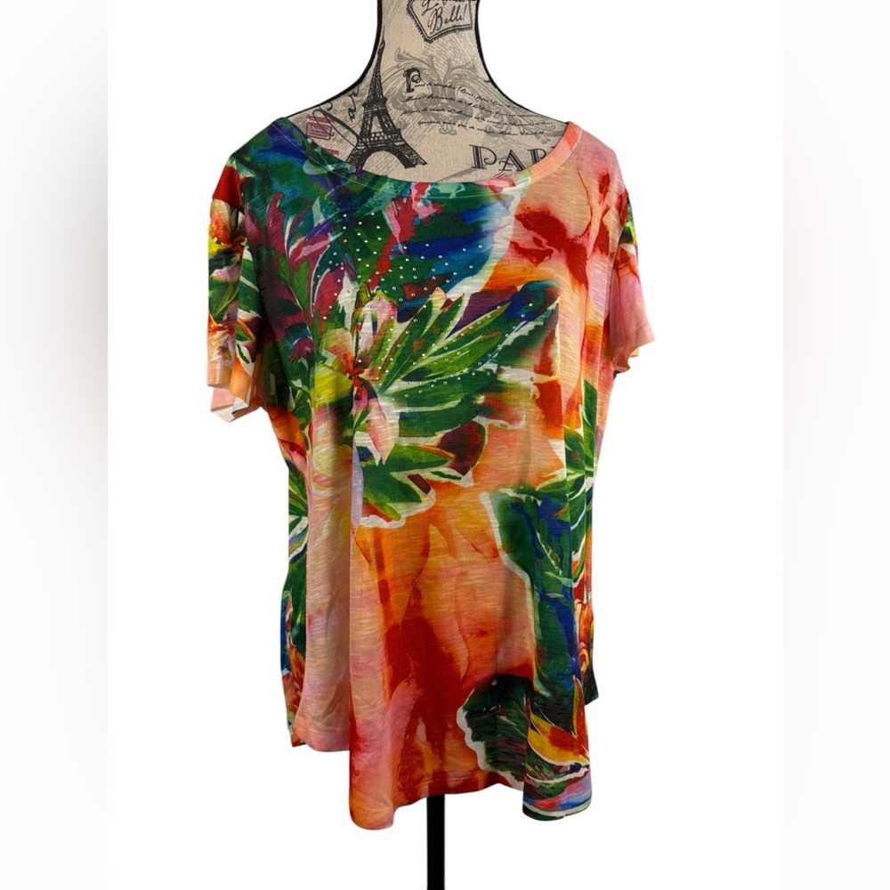 White Stag Multicolor Tropical Floral Short Sleeve Top With Rhinestones Size L
